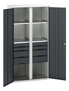 Verso partitioned cupboard with 4 shelves, 8 drawers. WxDxH: 1050x550x2000mm. RAL 7035/5010 or selected Bott Verso Basic Tool Cupboards Cupboard with shelves